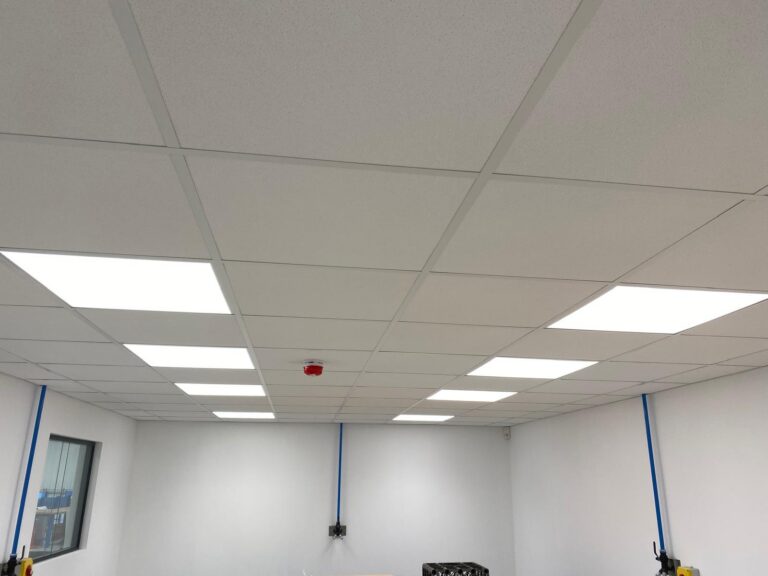 LED panels set into a suspended ceiling during a commercial office fit-out