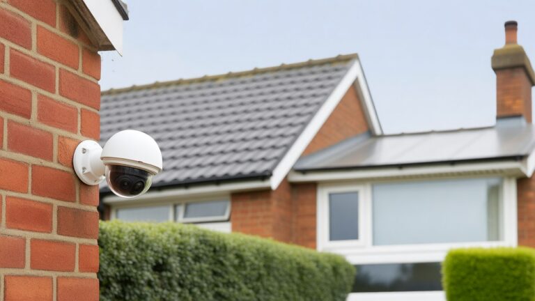Dome CCTV camera mounted on the brick wall of a British house