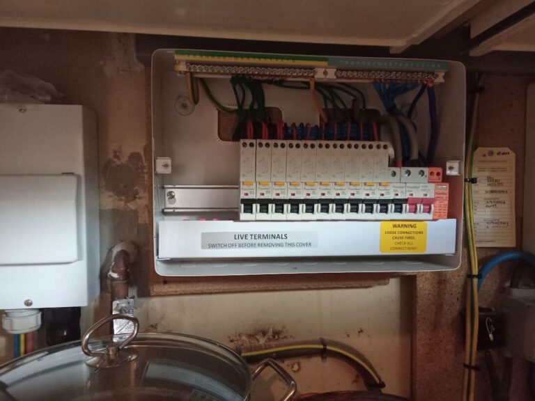 Consumer unit wiring dressed and labelled on completion