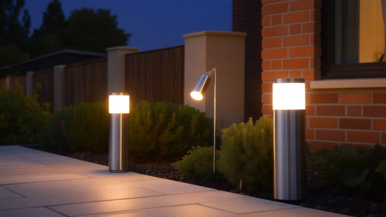 Stainless steel bollard lights and a spike uplight in a British garden at dusk