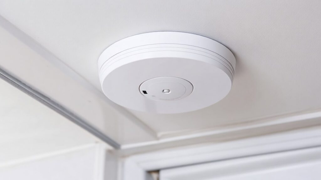 Mains-wired smoke alarm mounted on a ceiling